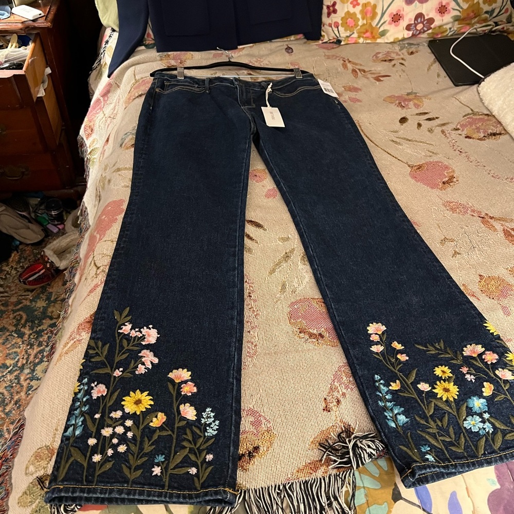 DRIFTWOOD Navy Floral Embroidered Wide Leg Jeans